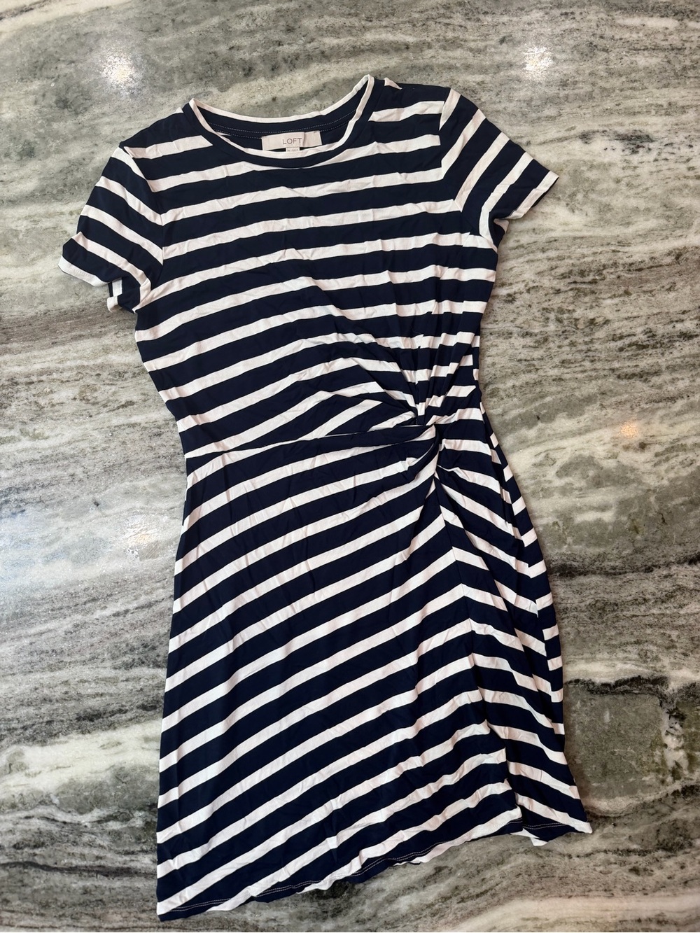 LOFT Navy and White Striped Twist-Side Short Sleeve Dress XS